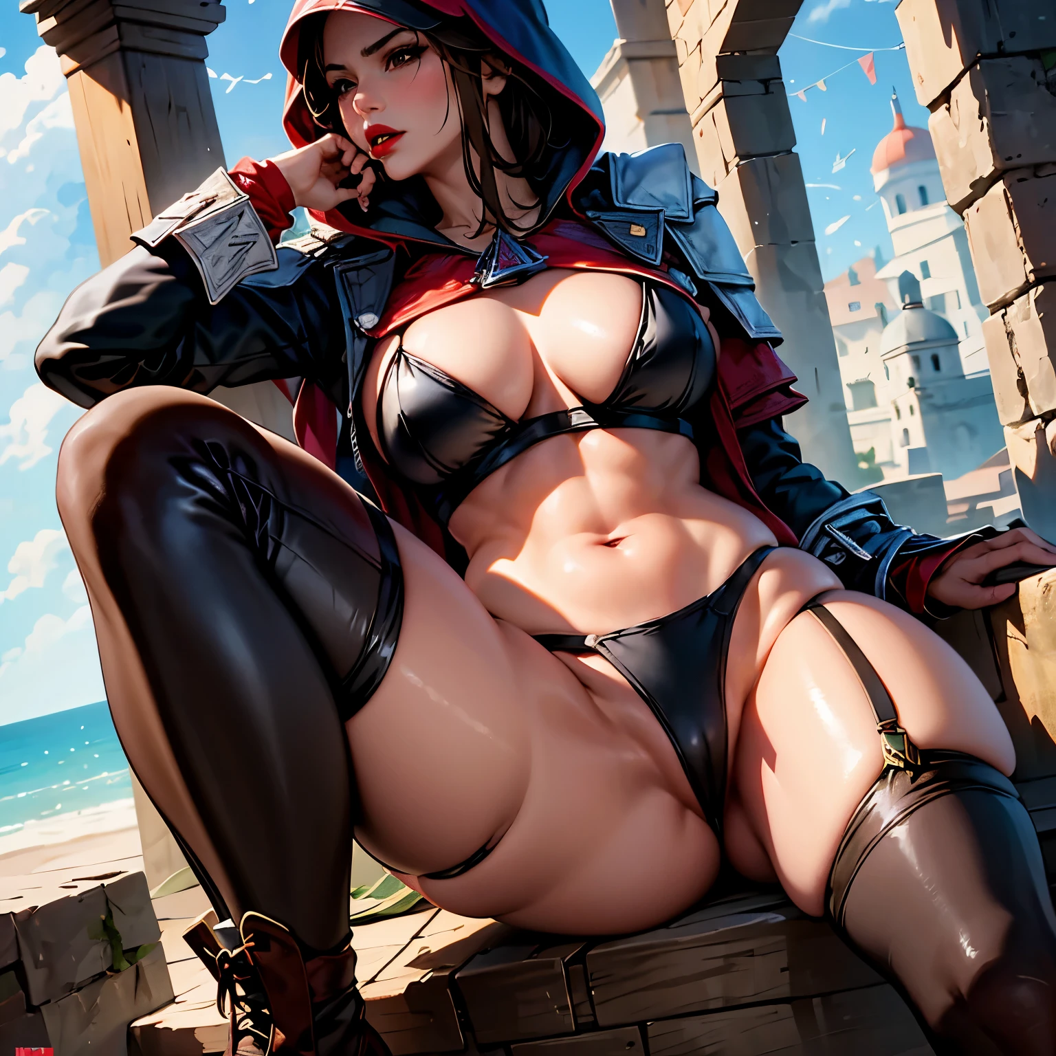 La mujer, Стиль Assassin's Creed, ropa corta, poca ropa,stockings, medias botas hasta la rodilla, Pulseras en las piernas, castillo medieval al fondo, Renacimiento, reaissance muy detallado, Realistic long-term photography., 4k, pelo largo, brown hair, By the chestnut, labios rojos, Chica con traje de Assassin's Creed Altair con capucha, hood, Assassin symbol's Creed en la cintura, sexy, red lips, brown eyes, big breasts, pechos grandes, breasts, Lucia Auditore