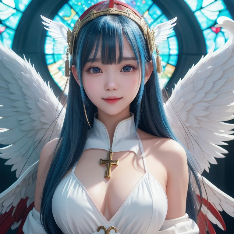 （Award-winning digital artwork：1.3） af （sketching：1.3），（with dynamism：1.3），（Saturation：1.3），（Close portrait：1.3），（femele：1.4），（big breasts beautiful： 1.4),(carismatic:1.3),angelicales，Perfect Detailed Eyes，Bright magic，Church background，Large breasts，complex patterns，Film filter, ，dramatics，dynamicposes，illusory engine， (High detail: 1.9)，mystic symbols，long white robe，massive wings，White wings，