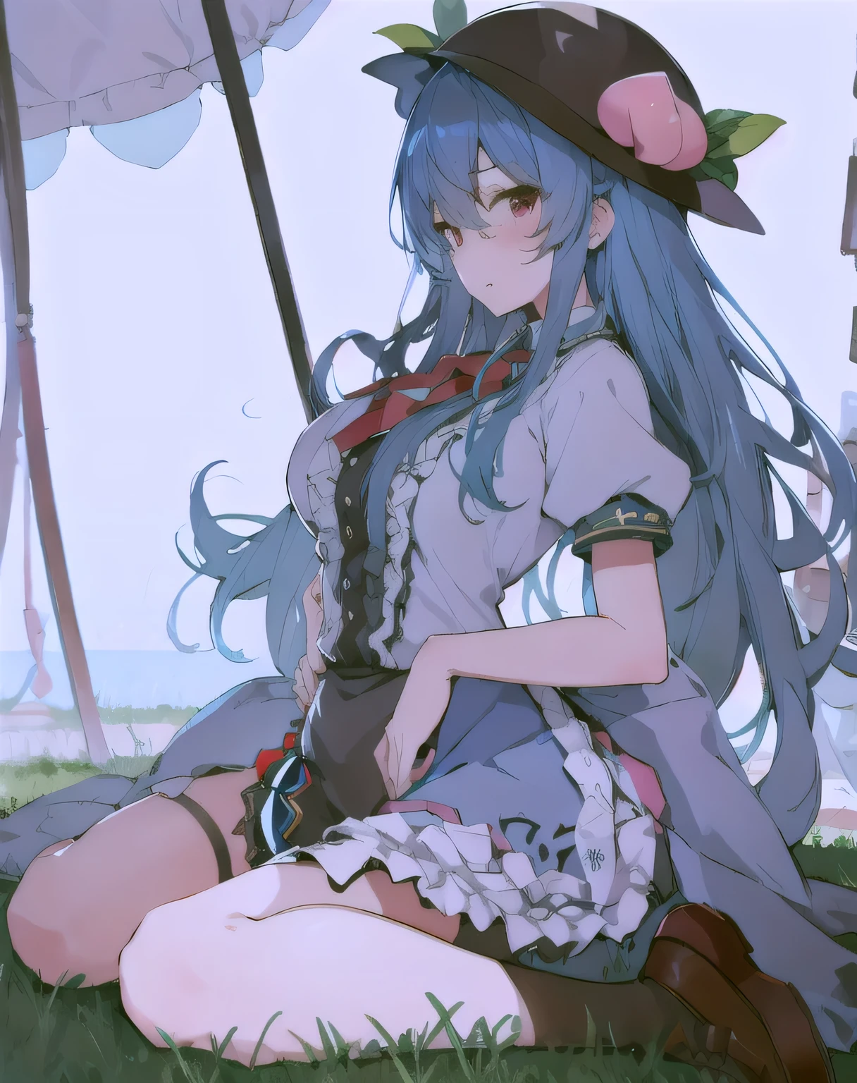 (masterpiece),best quality, expressive eyes, perfect face, 1girl, big breast, H-cup, good breast, hands on waist,beautiful, gorgeous,anime,girl,lora,hinanawi tenshi, blue hair, blue haired,tent , tent chest, tent breast, floating clothes,waist grab, grabbing waist, mains sur les hanches , hands on hips,w sitting, w sitting on ground, legs on ground
