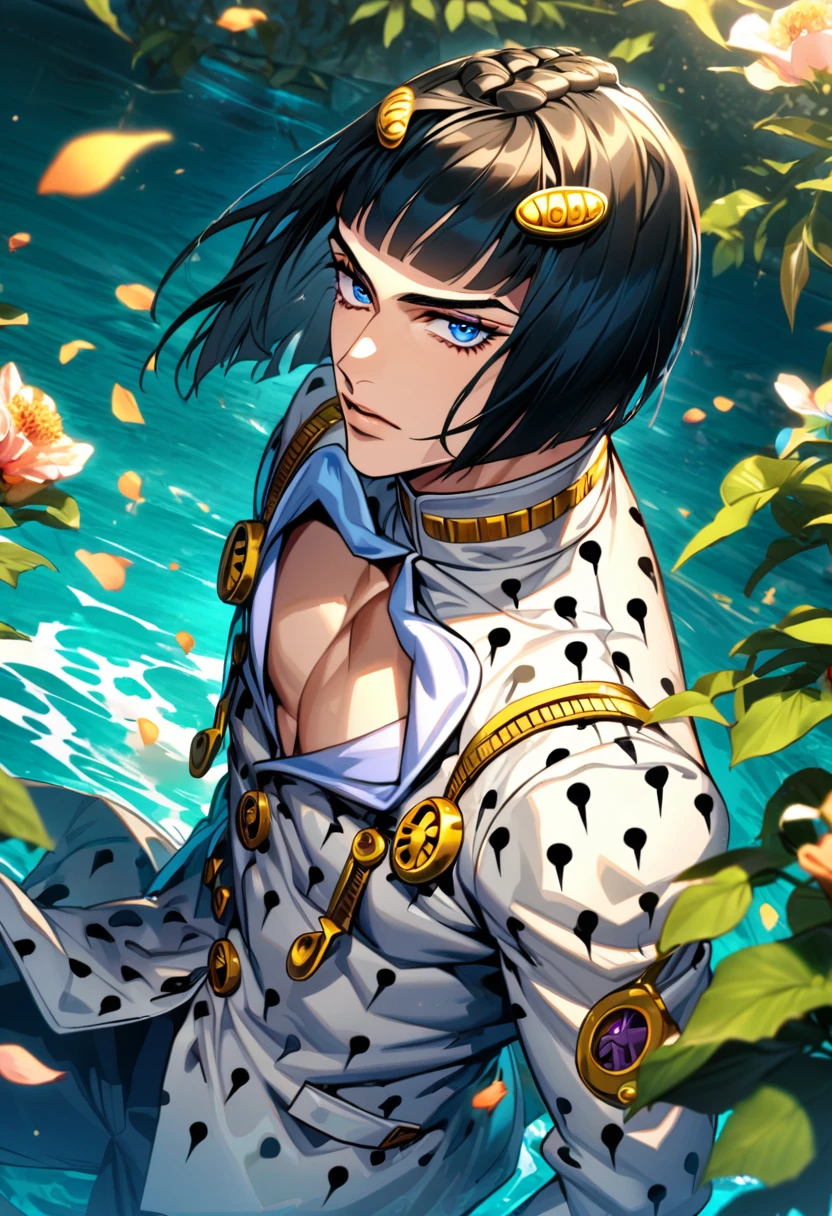 Ultra detailed, highres, absurdres, HDR, Bruno Bucciarati, black chin-length hair with straight-cut bangs on his forehead, his hair is adorned with golden clip surmounted on each side of his bangs, blue eyes, JoJo bizarre adventure, green leaves, flowers and petals, water, 1 man only, handsome