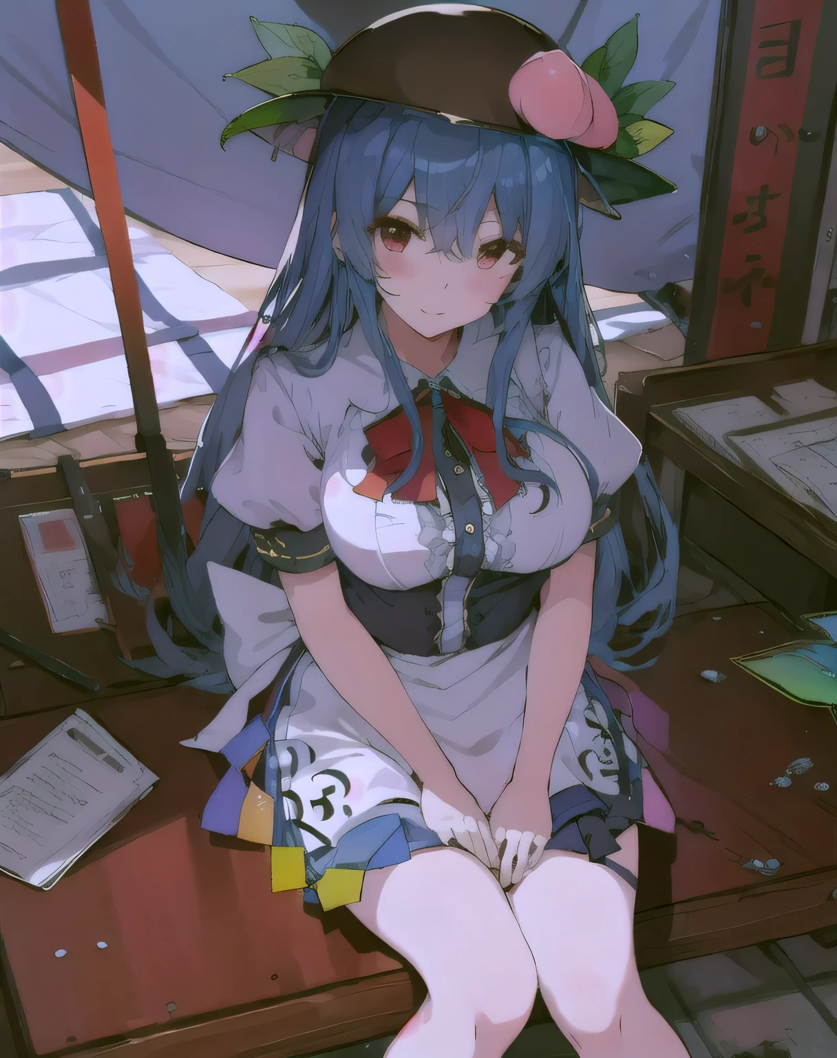 (masterpiece),best quality, expressive eyes, perfect face, 1girl, big breast, H-cup, good breast, hands on waist,beautiful, gorgeous,anime,girl,lora,hinanawi tenshi, blue hair, blue haired,tent , tent chest, tent breast, floating clothes,waist grab, grabbing waist, mains sur les hanches , hands on hips,w sitting, w sitting on ground, legs on ground