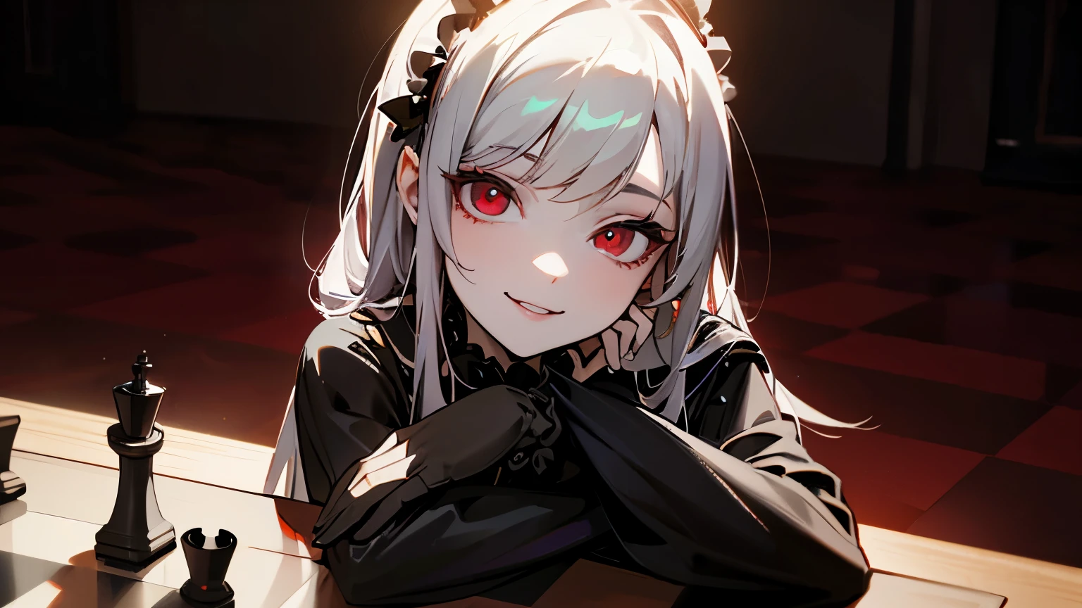 ((1 female, 19, silver hair, dark red eyes, vampire, innocent look, blushing, in a classroom, long black nails, fishnets, black heels, pale skin))