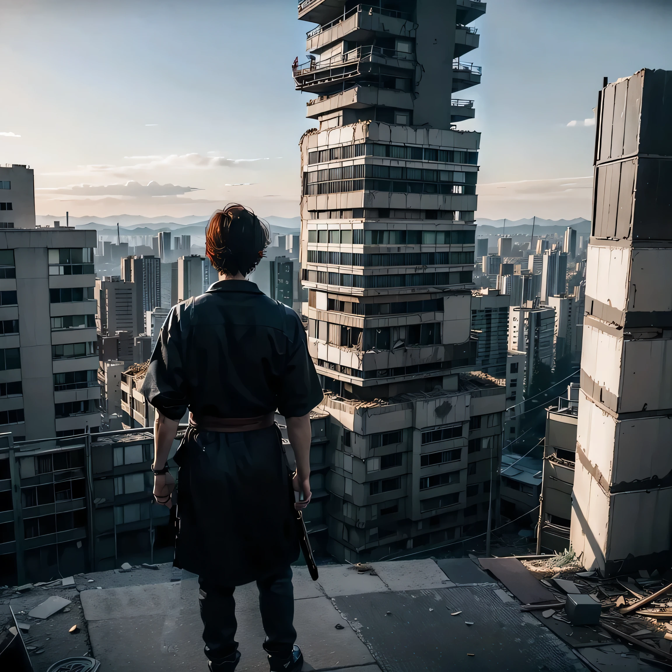 OVERHEAD VIEW, HYPER REALIST, A LONELY samurai, STANDS ON TOP OF A BUILDING LOOKING OVER A POST-APOCALYPSE RUINED AS DESTROYED TOKYO CITY, THE VEGETATION HAS ALREADY TAKEN OVER THE ENTIRE CITY AND THE CITY LOOKS TOTALLY ABANDONED, HOSTILE ENVIRONMENT, VISUAL IMPACT, STYLE THE LAST OF US, OUTDOOR PHOTO, CINEMATIC LIGHTS, SUN RISE, FANTASY, UNREAL ENGINE, AWARD ART, MASTERPIECE DIGITAL ART, trending on artstation, UHD, 8K, BY NAUGHTY DOG.