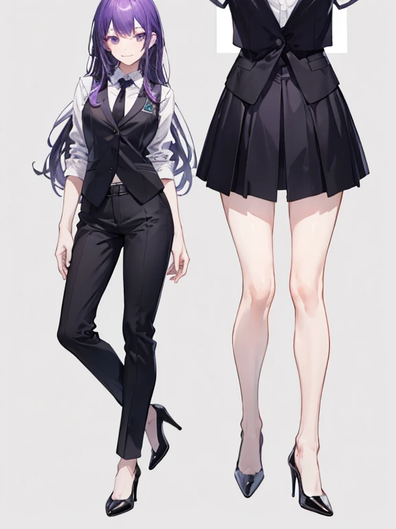 purple,medium long hair,woman,suit,black vest,shirt with rolled up sleeves,tie,pants,high heels,,simple background,smile,whole body,full body,full body,Standing picture,vtuber,upright,,Standing upright with face and body facing forward,
