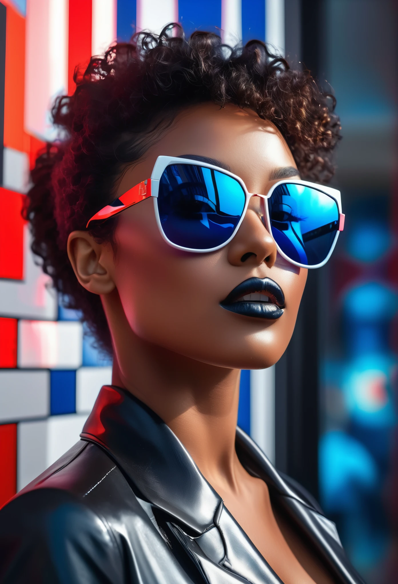 Close up shot Arafad image of a very beautiful black woman wearing black sunglasses with reflection of neon lit red, blue and white cubism art squares standing in an art museum, reflecting in her black sunglasses, with iridescent light, highly detailed images, vibrant beautiful colours, photorealistic image, 32k, ultra HD, unreal engine rendered, cinematic lighting, artgerm style,photorealistic art fashion photography,