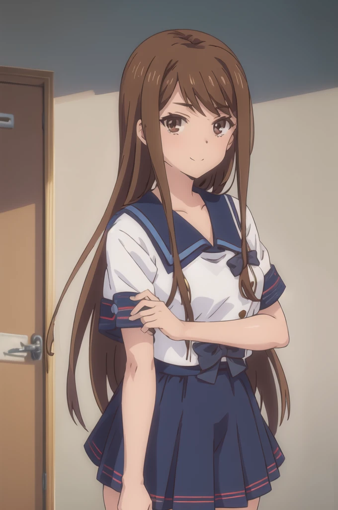 ayanedef, brown hair, brown eyes, long hair,
looking at viewer, bow, , upper body, serafuku, light smile, 
masterpiece, best quality,, with different poses