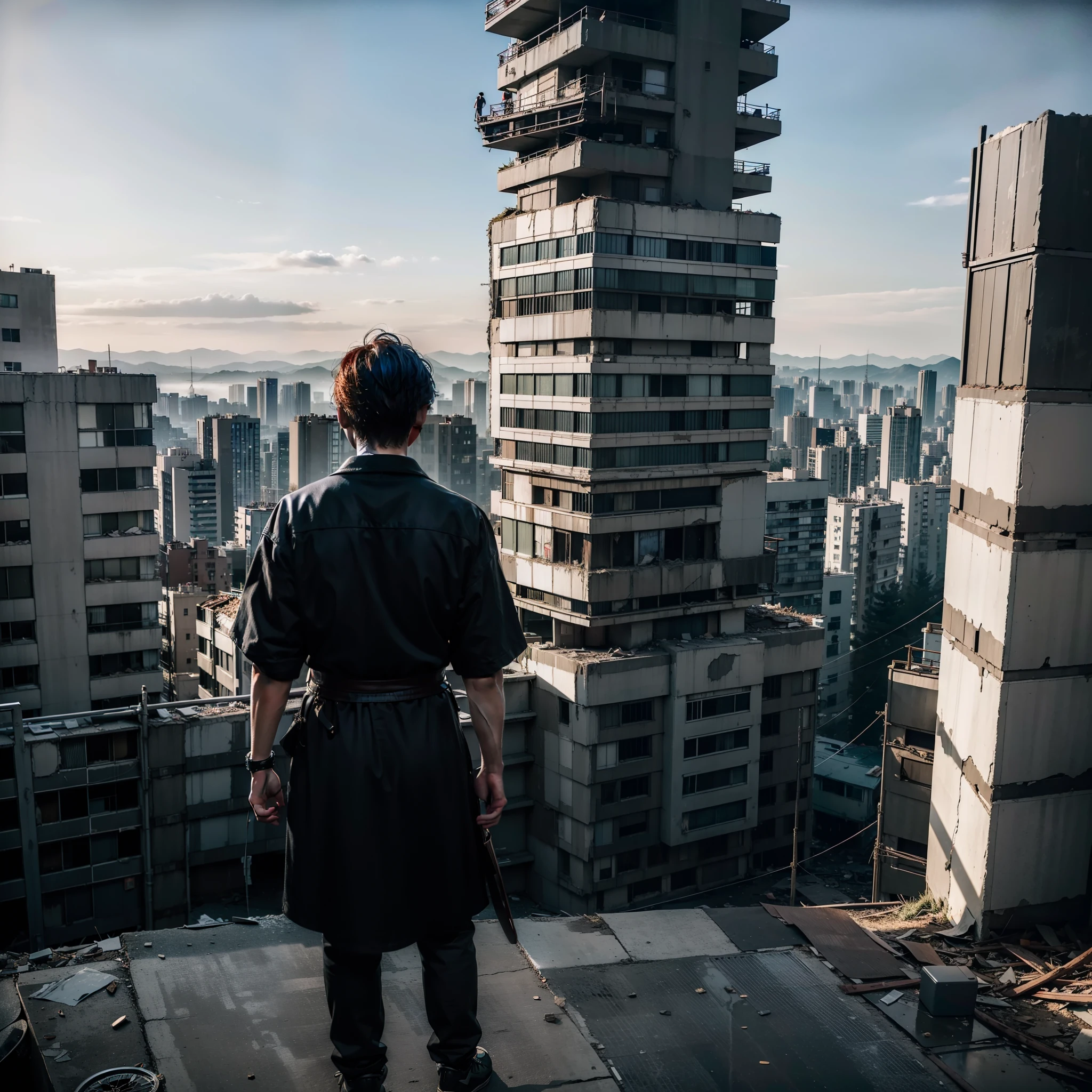 OVERHEAD VIEW, HYPER REALIST, A LONELY samurai, STANDS ON TOP OF A BUILDING LOOKING OVER A POST-APOCALYPSE RUINED AS DESTROYED TOKYO CITY, THE VEGETATION HAS ALREADY TAKEN OVER THE ENTIRE CITY AND THE CITY LOOKS TOTALLY ABANDONED, HOSTILE ENVIRONMENT, VISUAL IMPACT, STYLE THE LAST OF US, OUTDOOR PHOTO, CINEMATIC LIGHTS, SUN RISE, FANTASY, UNREAL ENGINE, AWARD ART, MASTERPIECE DIGITAL ART, trending on artstation, UHD, 8K, BY NAUGHTY DOG.