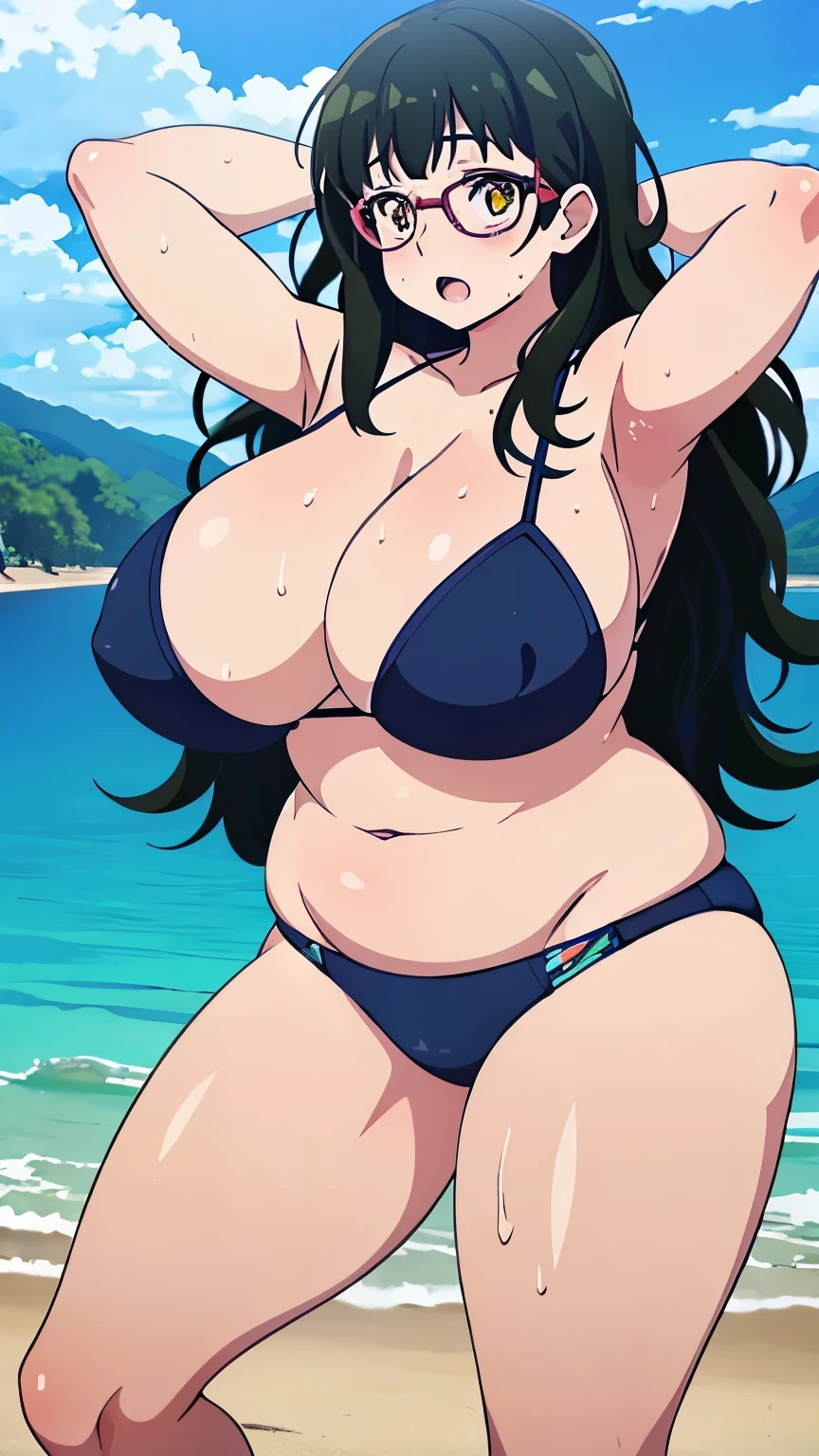 high resolution、high quality、masterpiece、(nikuko(galko),hair down,long hair,black hair,(gigantic breasts:1.4),(chuby,plump:1.1),wide hip,thick tighs,eye glasses,yellow eyes:1.2),(beach,bikini,blush:1.4),(embarrassed,sweat,steam,evil:1.3),((sexy,erotic:1.4)),open mouth