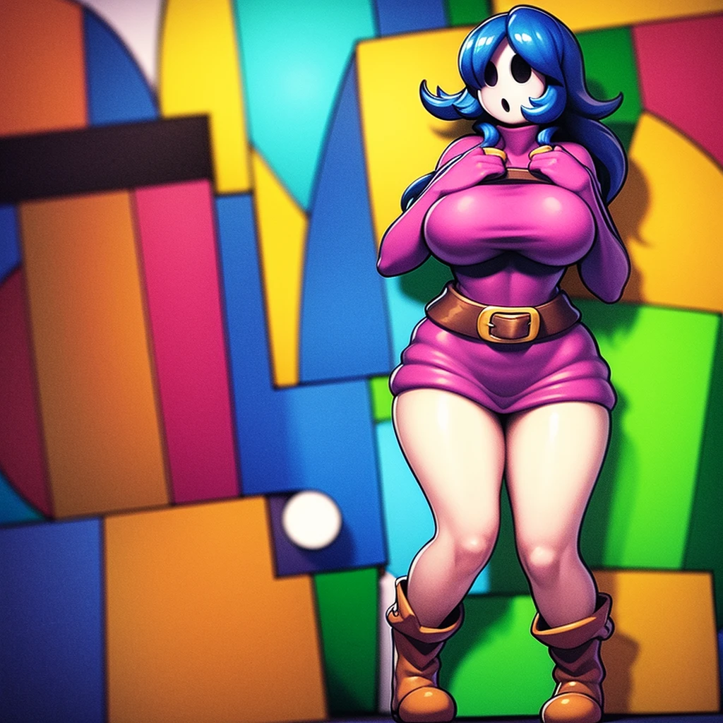 ((shygal)), (sexy), tall, large breasts, curvy, slim, long hair, full body, vibrant colors, color theory, mario background, (stockings), (buckle boots), (((breast window))), (belts),