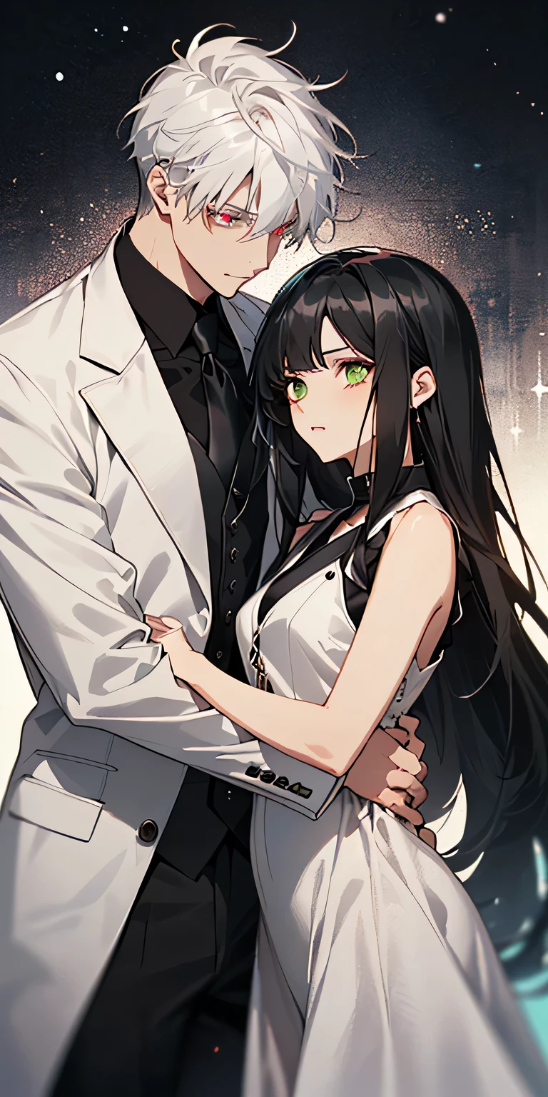 1 man and 1 women standing together with his arms around her. ((The woman is wearing a [((black sleeveless v neck dress))], with green eyes and long black hair.)) ((The man is wearing a white suit with  a tie, and has white hair and red eyes)). anime style