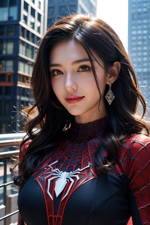 Spider suit, spider web print, spider webs, spider-man, masutepiece, Absurd, Fine details, nffsw, ((Highly detailed face and eyes)), Photorealistic,, Focus on the eyes,, standing on the roof of a skyscrapper, ((no mask on)), Looking at the viewer, Smiling, Black hair, girl focus, Big hair, Curly hair, earrings, , new york buildings background,