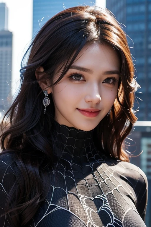 Spider suit, spider web print, spider webs, spider-man, masutepiece, Absurd, Fine details, nffsw, ((Highly detailed face and eyes)), Photorealistic,, Focus on the eyes,, standing on the roof of a skyscrapper, ((no mask on)), Looking at the viewer, Smiling, Black hair, girl focus, Big hair, Curly hair, earrings, , new york buildings background,