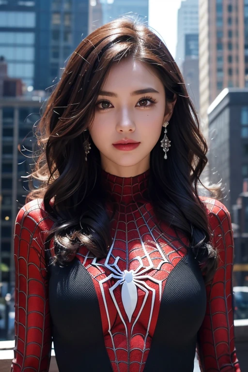 Spider suit, spider web print, spider webs, spider-man, masutepiece, Absurd, Fine details, nffsw, ((Highly detailed face and eyes)), Photorealistic,, Focus on the eyes,, standing on the roof of a skyscrapper, ((no mask on)), Looking at the viewer, Smiling, Black hair, girl focus, Big hair, Curly hair, earrings, , new york buildings background,