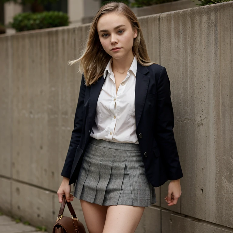 13 year old German teenager beautiful perfect face, blonde, zombie girl, Munich, high school student, dress, powder tights, focus on thighs, body wet from rain, full body, old residential area, tan, dark skin, sweat, realistic, small, round face, vignette,