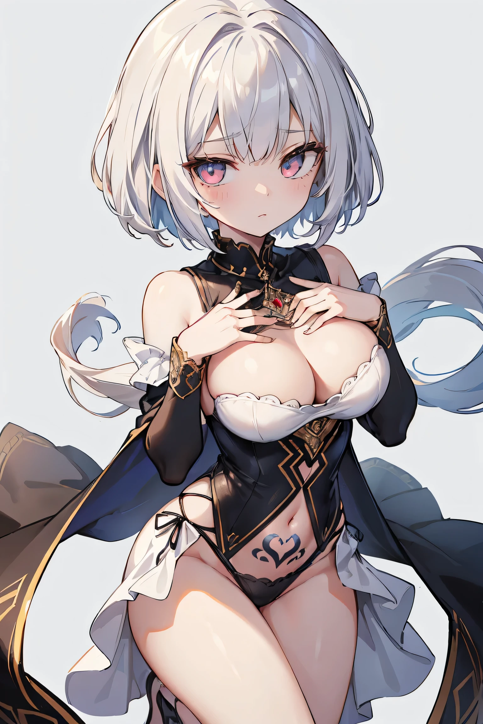 1girl, anime, cute girl, blank background, white background, fantasy, detailed fantasy dress with highlights, beautiful face, beautiful eyes, dark colors, black hair with multicolor streaks, red eye with different color pupil in eye, multicolor eye, medium small breasts (slightly big), slight cleavage, beautiful skin, cute, breast curtains, extremely delicate and beautiful, (beautiful detailed face:1.0), (detailed deep eyes), symmetrical breasts, deep eyes, shiny skin, portrait, slender waist, hips wider than shoulders, thighs, expressionless, young girl, luminous eyes, adorable,(Kpop idol),(aegyo sal:1),(Platinum blonde hair:1),((puffy eye)),Black panty,sexy posture,Superskirt, ultra high resolution,Black collar,slim figure, Abdominal y tattoo, womb tattoo,Tight-fitting leg ring,y tattoo on half-body,Bare skin, Armored hand,Hidden fingertips,Hand covered,Arm covered,Fist covered,{{beautiful detailed fingers}}, tufts of hair, moderate beautiful breast:1.0,(masterpiece:1.2), best quality, high-res, HDR, perfect face, intricate armor, delicate blue filigree, intricate filigree, red metalic parts, detailed part, dynamic pose, dynamic lights, cute face
