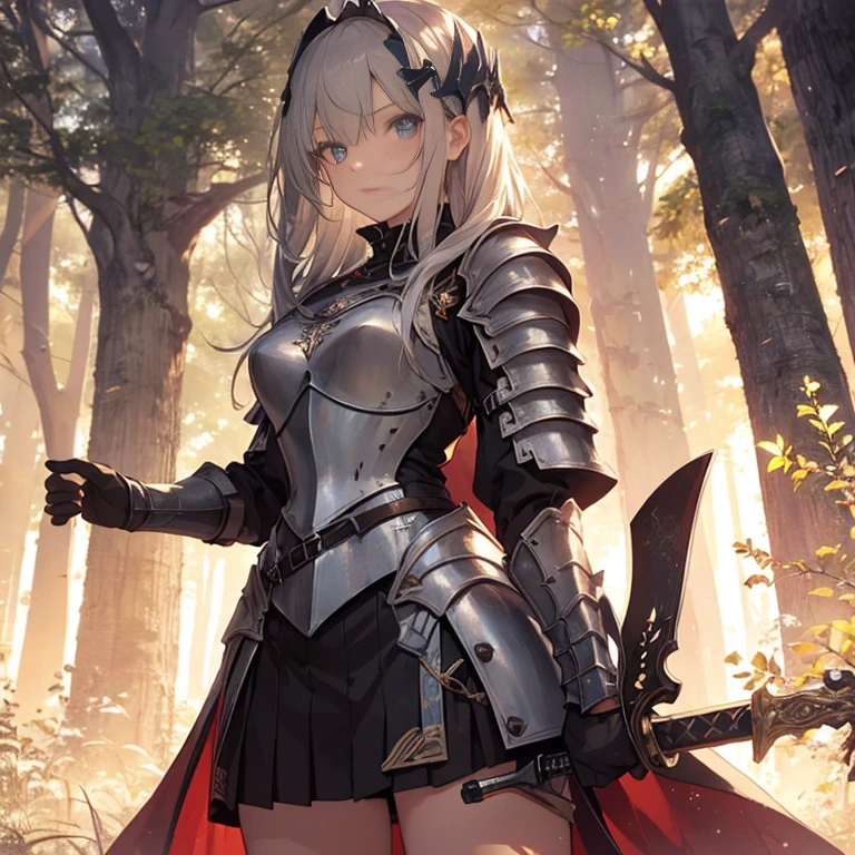 A group of female knights, (in forest), various hair styles, harem, wearing armored clothes, metal armor, night, details face, short skirt, seducing, sword,