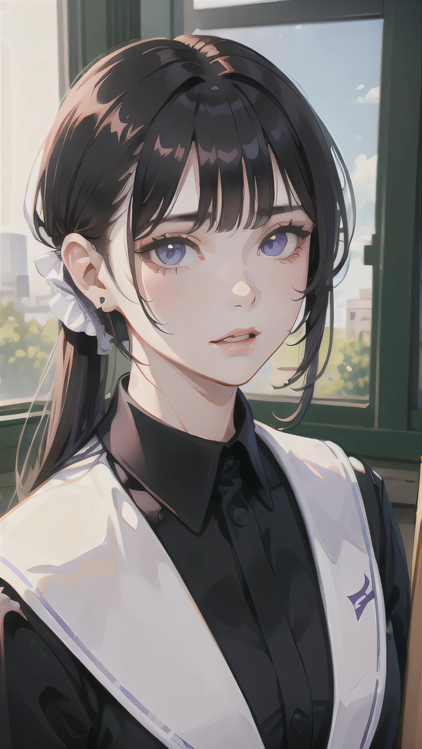 1girl, adult, long white Ponytail, purple eyes, wearing Uniform, headset, Room class, absurdres, high detailed eyes and face, high res, ultrasharp, 8K, masterpiece, photorealistic, High quality,