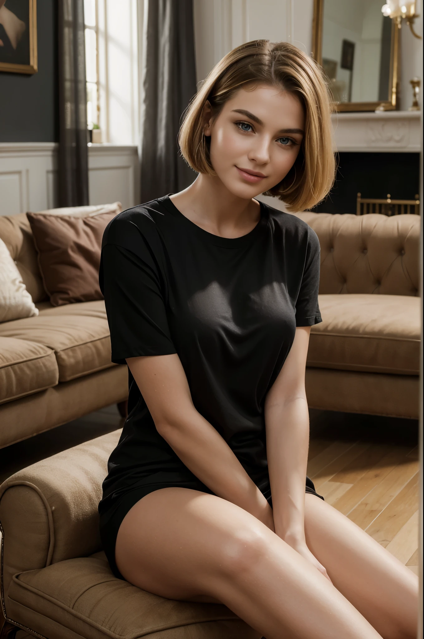 ((best quality: 1.5)) ((masterpiece: 0.8)), intricate details, sharp focus, professional, real life, realistic representation of the face, dynamic pose, in the style of realistic and hyper detailed renderings BREAK ((detailed women, (((soft loose messy hotpink shirt, ((black sweatpants, natural, [ginger hair:dark hair:0.5])), (messy blown hair, ([flat chest:medium breasts:0.8]))), flirting pose, lounging, couch, ((iphone, ((looking away, openlegs, middleaged, golden hour, dark makeup, black lips, nosering)))))), smiling, happy), freckles: 0.6), photorealistic, hyper-realistic, 8K