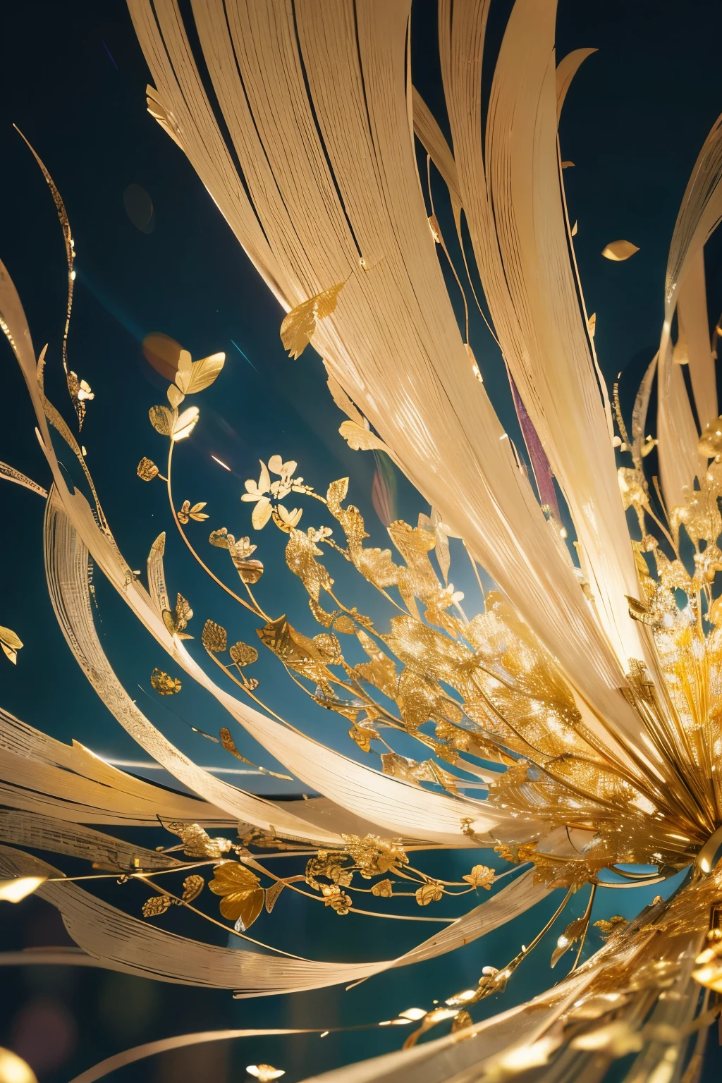 best quality, super fine, 16k, RAW photo, photorealistic, incredibly absurdres, extremely detailed, delicate, flashy and dynamic depiction, the translucent gemstone pillars, the iridescent rainbow-colored light reflecting off the screen, and the (gold leaf:1.3) curtains hanging from them swaying in the wind, wind, wind-effect, (motion-blur:1.5), blend art, mixture art, design art