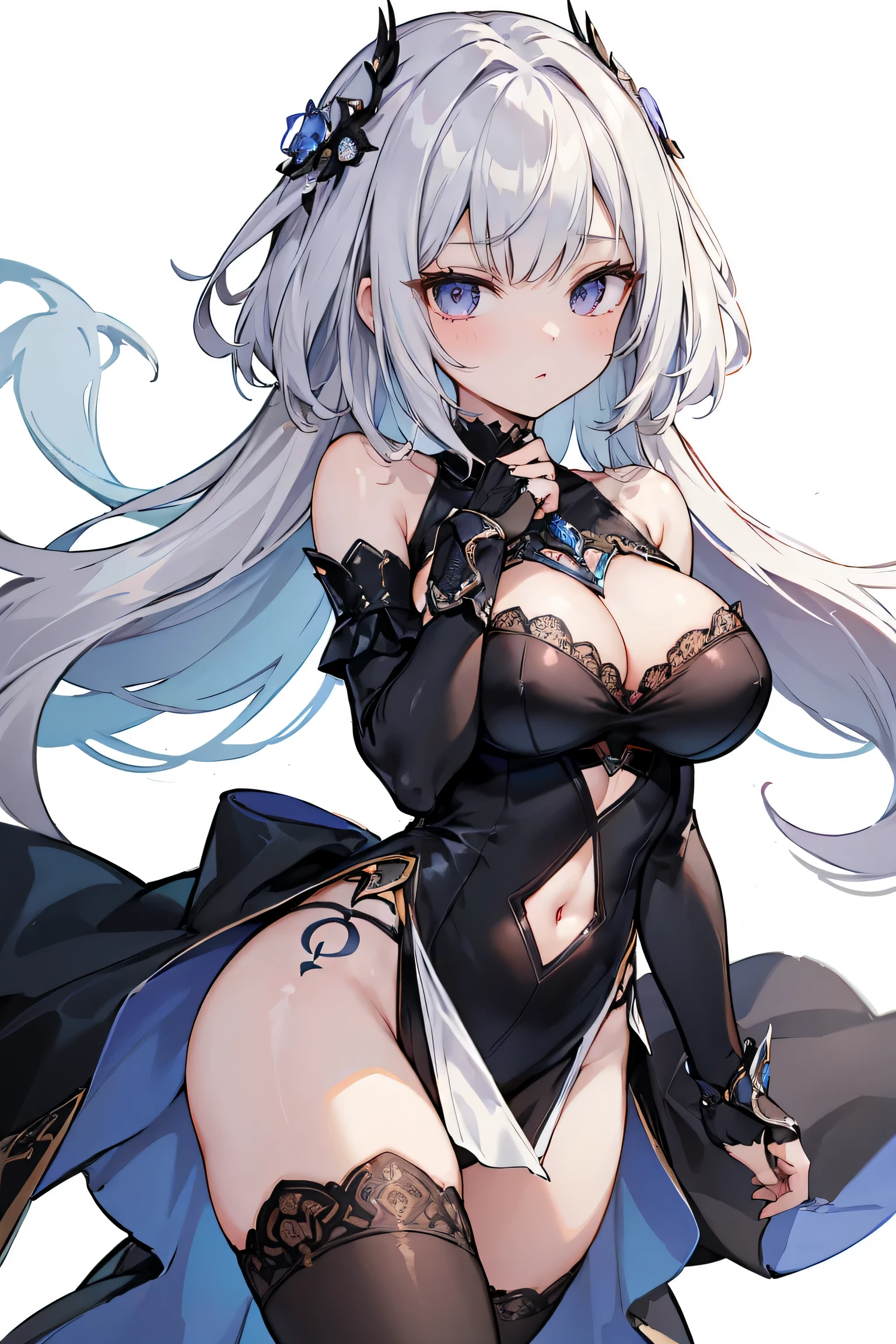 1girl, anime, cute girl, blank background, white background, fantasy, detailed fantasy dress with highlights, beautiful face, beautiful eyes, dark colors, black hair with multicolor streaks, red eye with different color pupil in eye, multicolor eye, medium small breasts (slightly big), slight cleavage, beautiful skin, cute, breast curtains, extremely delicate and beautiful, (beautiful detailed face:1.0), (detailed deep eyes), symmetrical breasts, deep eyes, shiny skin, portrait, slender waist, hips wider than shoulders, thighs, expressionless, young girl, luminous eyes, adorable，（Kpop idol）,（aegyo sal：1），（Platinum blonde hair：1），（（puffy eye）），Black panty，sexy posture，Superskirt, ultra high resolution，Black collar，slim figure, Abdominal y tattoo, womb tattoo，Tight-fitting leg ring，y tattoo on half-body，Bare skin, Armored hand，Hidden fingertips，Hand covered，Arm covered，Fist covered,{{beautiful detailed fingers}}, tufts of hair, moderate beautiful breast:1.0,(masterpiece:1.2), best quality, high-res, HDR, perfect face, intricate armor, delicate blue filigree, intricate filigree, red metalic parts, detailed part, dynamic pose, dynamic lights, cute face