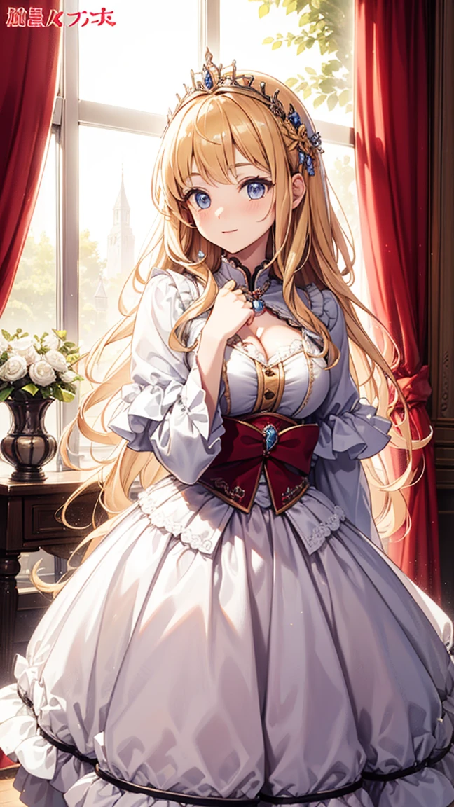 18 year old girl,obsessed,in love,pose,(fluffy big skirt princess:1.2),dark blonde wavy hair,eBlue eye minimalist,Ruffles,lace,(Exquisite pattern:1.1),(dress nicely:1.1),(yellowish white tone),princess crown,Transparent clothes beautiful and delicate face,Bedroom scene in western mythology,movie lighting,the only person,(flowing skirt:1.1),Metal decoration,lace, (best quality), (on the table), Emphasis on posture、big pink skirt