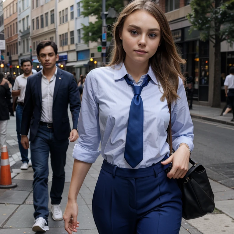 AnnaSophia Robb dressed in dress shirt and blue tie with pants