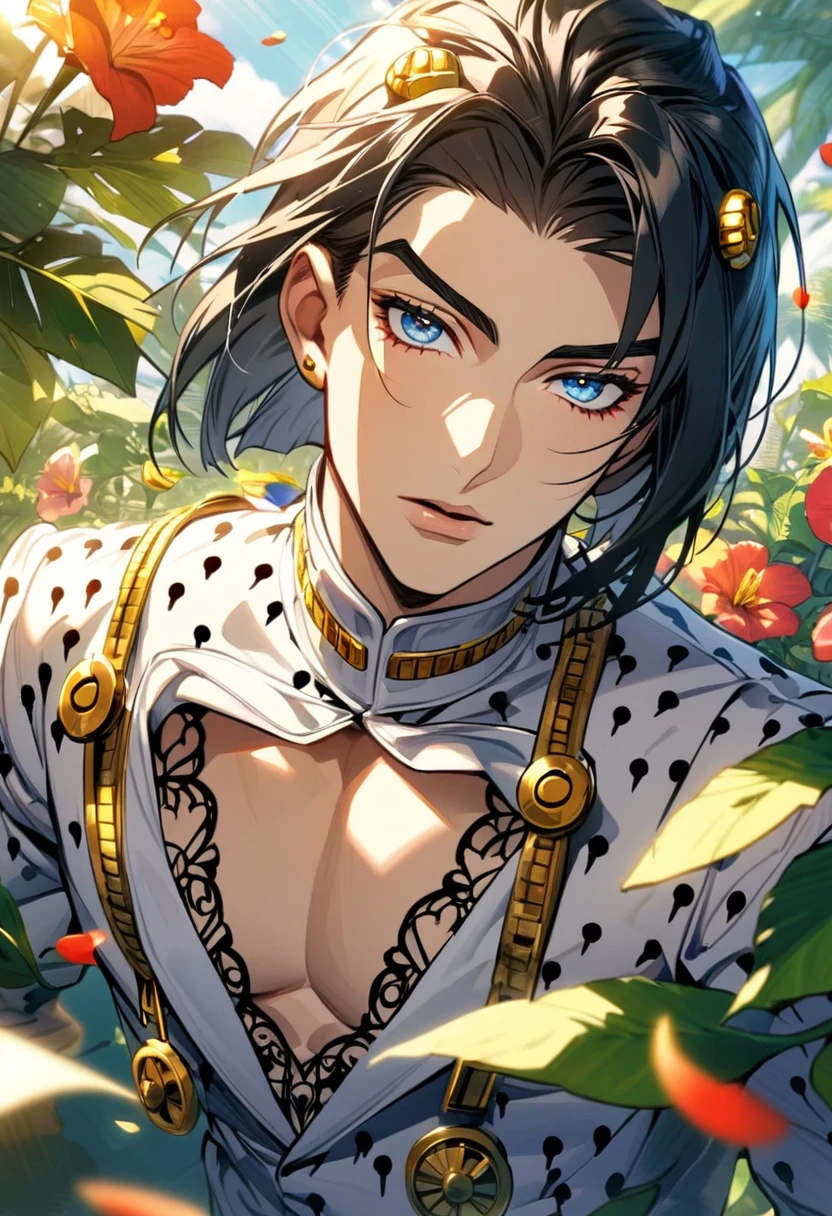 Ultra detailed, highres, absurdres, HDR, Bruno Bucciarati, black chin-length hair with straight-cut bangs on his forehead, his hair is adorned with golden clip surmounted on each side of his bangs, blue eyes, JoJo bizarre adventure, green leaves, flowers and petals, summer, 1 man only, handsome