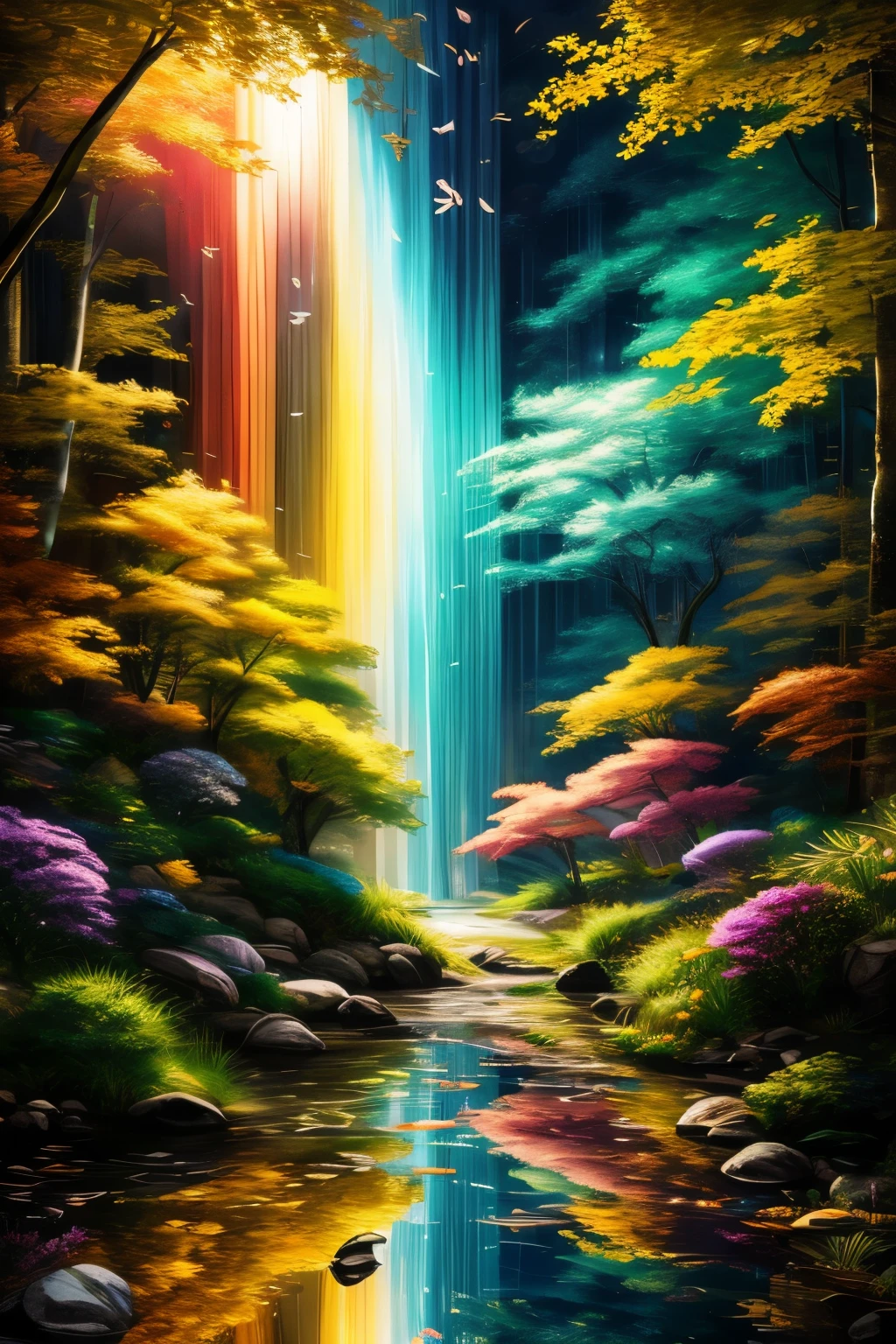 best quality, super fine, 16k, RAW photo, photorealistic, incredibly absurdres, extremely detailed, delicate, flashy and dynamic depiction, the translucent gemstone pillars, the iridescent rainbow-colored light reflecting off the screen, and the gold leaf curtains hanging from them swaying in the wind, wind, wind-effect, motion-blur, blend art, mixture art, design art