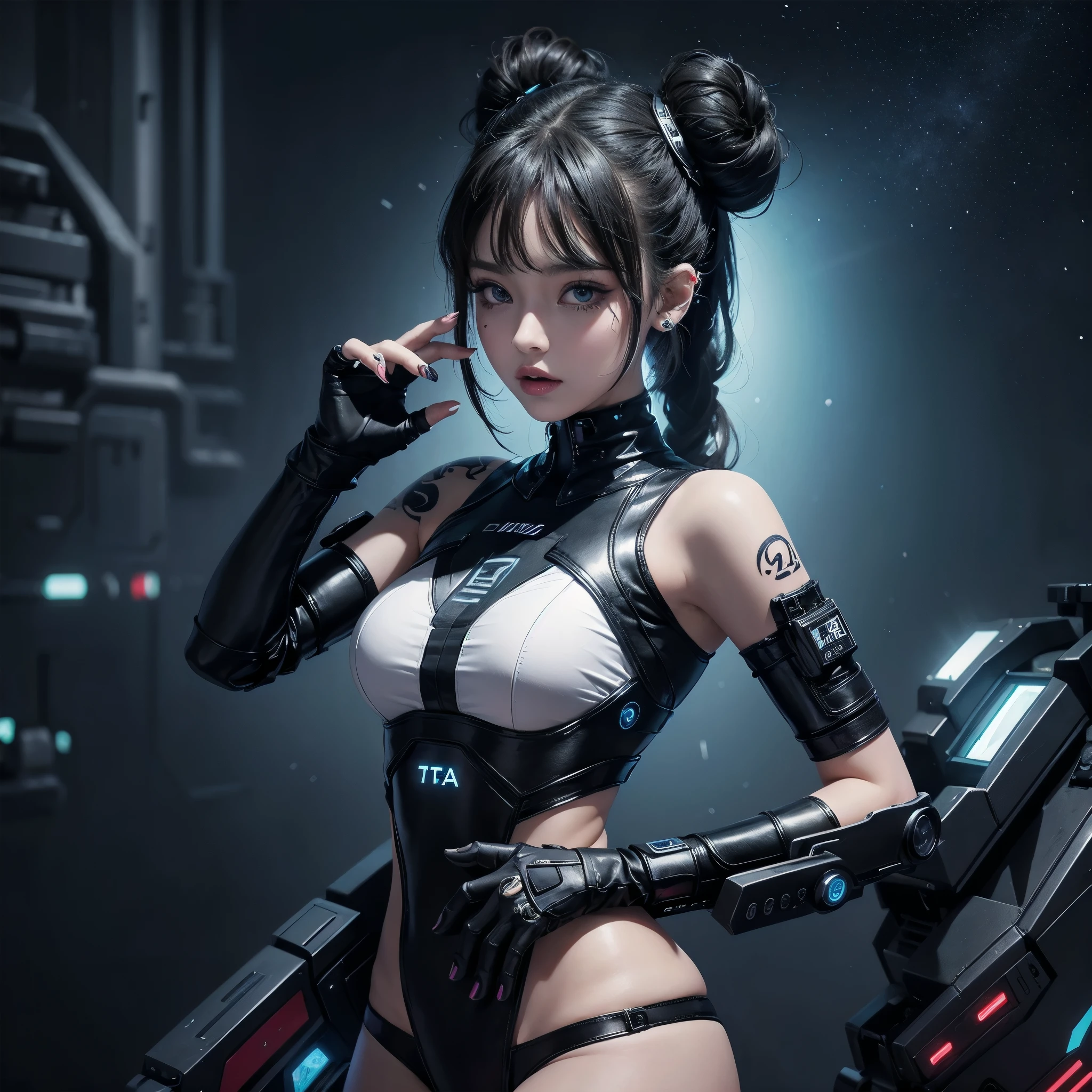 Beautiful teen and a cyber punk outfit. Tattoos.  Some piercings.  Ultra quality 128k.  Spacebun hairstyle.  