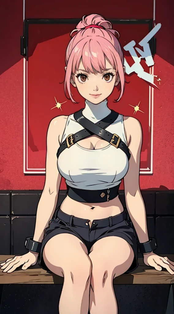 teenage girl,crop top,hot pants,Queen,Shake to confirm,rope,shackles,Red eyes,no underwear,pink hair,big deal,playful,stick out your tongue,Smile,Sweat,secretion,hips close,sitting,sitting on camera,Rear view,Hips raised,like,Beautiful breasts、huge breasts:1.4,plump breasts,