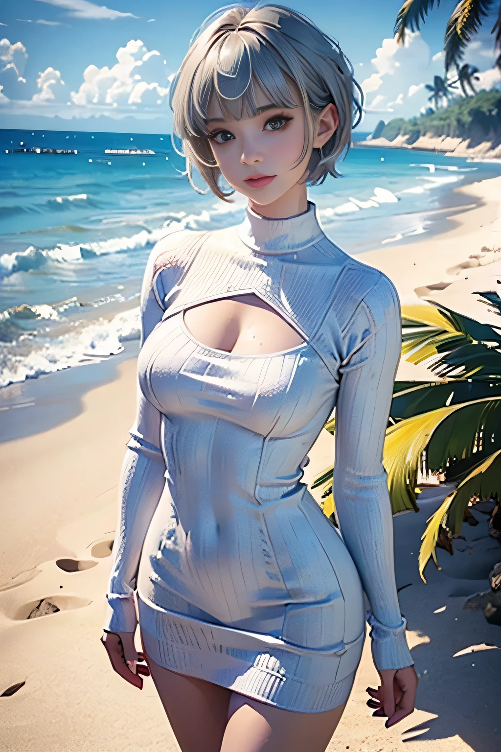 high angle,from above,cleavage,Vulgar,((masterpiece:1.4, best quality)), ((masterpiece, best quality)), (realistic:1.5),Beautiful girl RAW photo,((beautiful pixie cut silver blonde hair,blunt bangs),Japanese high school girl,full body, Walking along the beach, ((sexy elegant white knit mini dress)), very cute, slim, cute eyes,innocent and lovely smile,(( looking at the camera)),cinematic lighting and pause,beach, sand, blue sky, waves, coconut tree,
