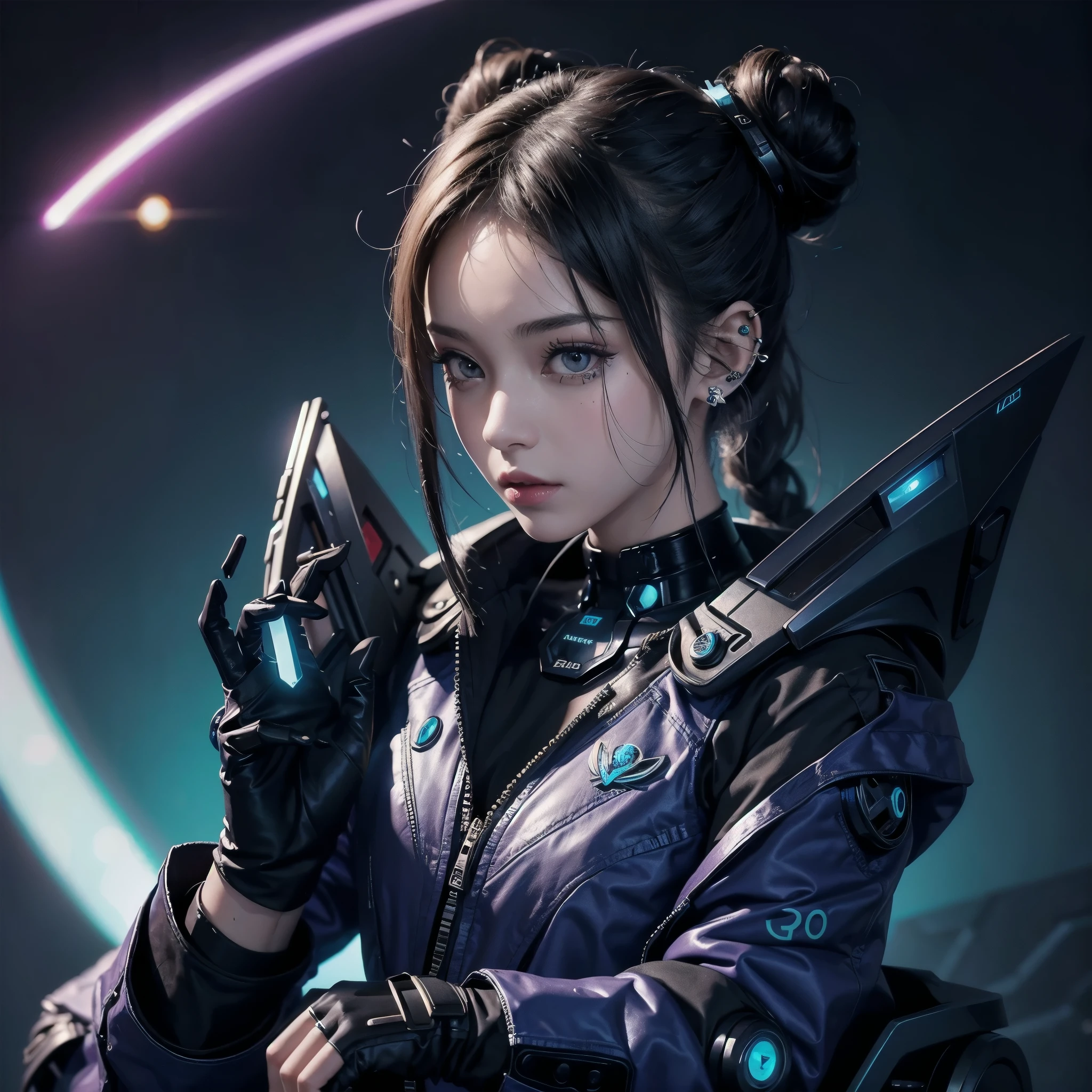 Beautiful and a cyber punk outfit. Tattoos. Some piercings. Ultra quality 128k. Spacebun hairstyle.