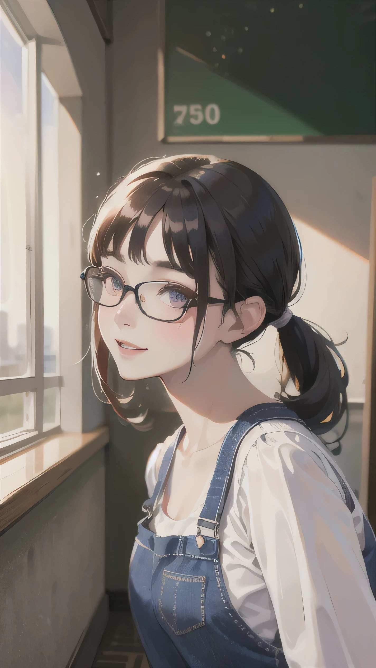 1girl, adult, long white Ponytail, purple eyes, wearing Overall, Smile, glasses, Room class, absurdres, high detailed eyes and face, high res, ultrasharp, 8K, masterpiece, photorealistic, High quality, 
