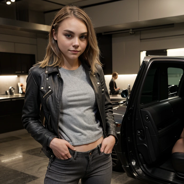 AnnaSophia Robb dressed in gray leather jacket and leather jeans