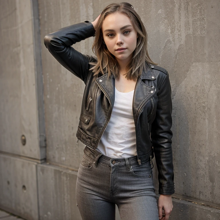 AnnaSophia Robb dressed in gray leather jacket and leather jeans