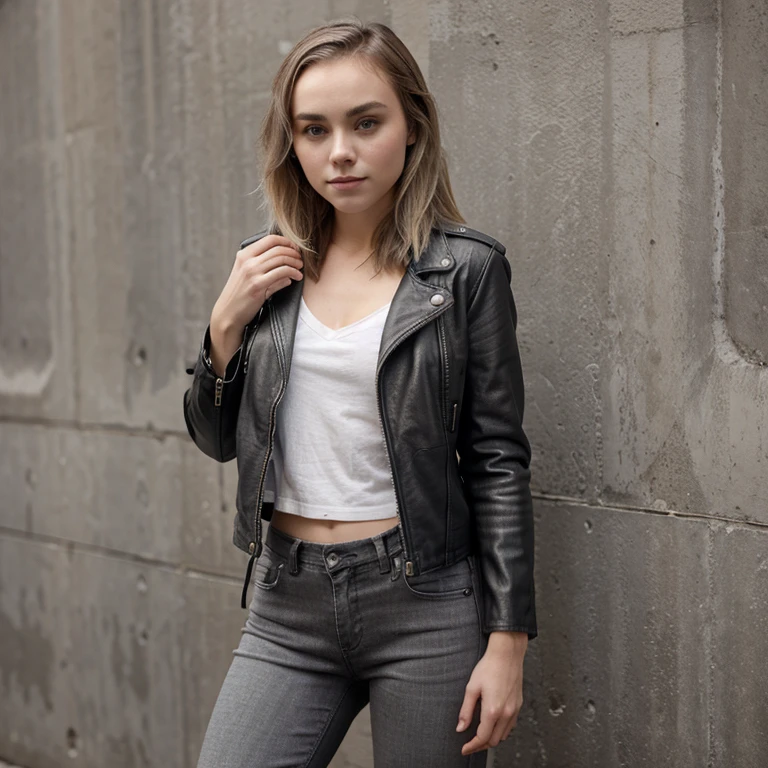 AnnaSophia Robb dressed in gray leather jacket and leather jeans