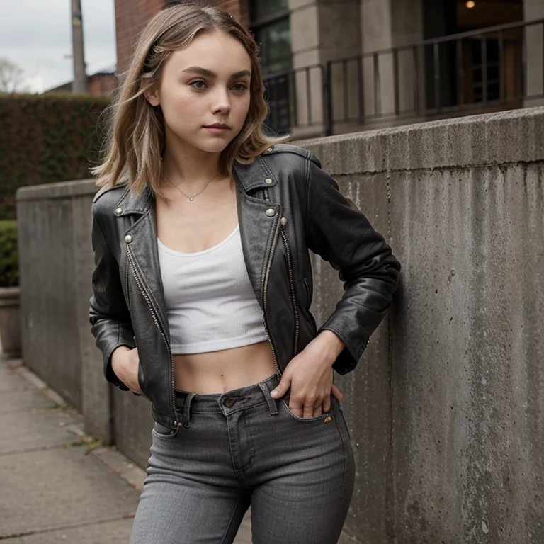 AnnaSophia Robb dressed in gray leather jacket and leather jeans