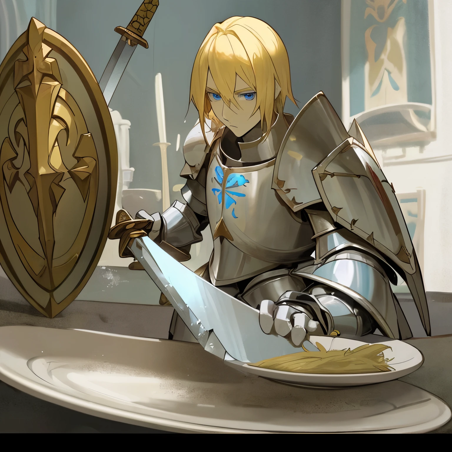 Paladin man with blonde hair, white complexion, blue eyes, has dirty plate armor, a large shield and a sword.