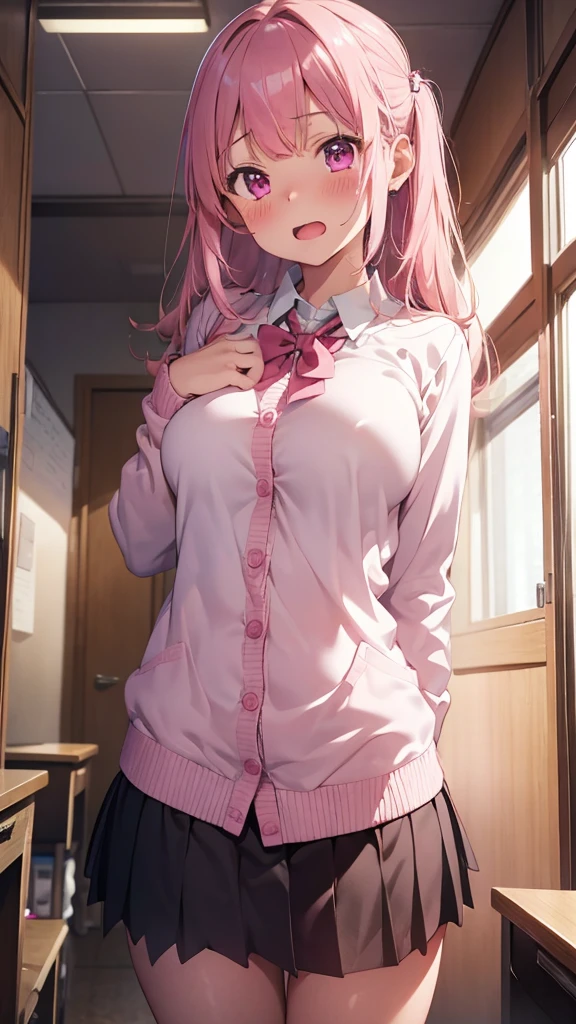mastute piece,Best Quality,insanely detailed,8k cg,
shoot upper body,
1girl,standing,body in front,looking at viewer,(pink winter school uniform),
blush,shy,(trembling:1.2),pink hair,break,open mouth,large breast,classroom,