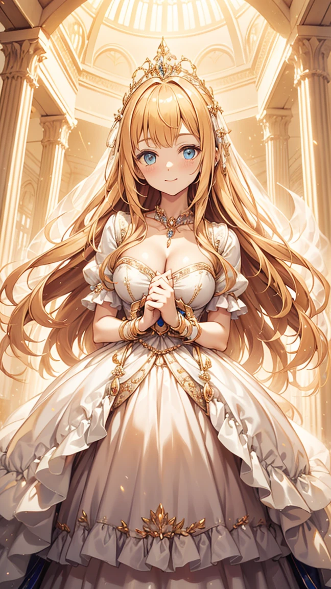 age girl,fantasy world princess,obsessed,Rich cleavage,In love,Sankta,(Yellow and white princess dress:1.3),blond hair blue eyes,eBlue eyes,super super detail,Ruffles,Lots of lace,(There are stripes on the clothes:1.2),(dress nicely:1.1),(Multi-layered skirt),sheer transparent clothes,beautiful detailed face,movie lighting,natta,the only person,Lace,(shine:1.2), (Best quality at best), (tmasterpiece:1.2),sparkling gemstones