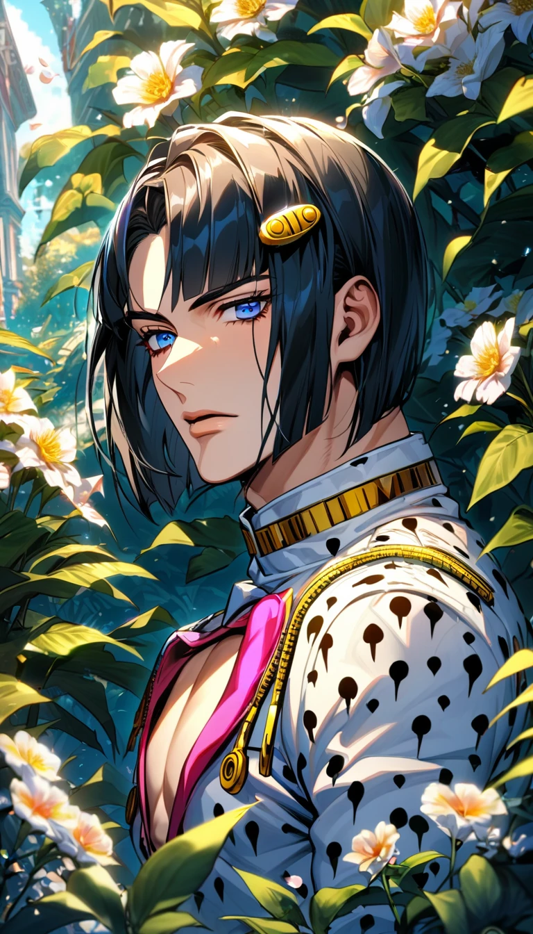 Ultra detailed, highres, absurdres, HDR, Bruno Bucciarati, black chin-length hair with straight-cut bangs on his forehead, his hair is adorned with golden clip surmounted on each side of his bangs, blue eyes, JoJo bizarre adventure, green leaves, flowers and petals, summer, 1 man only, handsome