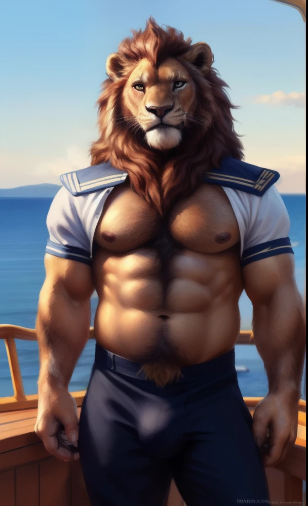 Lion, (((sailor uniform))), showing chest, lifted shirt, male, solo, adult, abs, ((mane)), pecs, big pecs, nipples, older, strong muscles, big mane, long mane, detailed face, beautiful eyes, muscular chest, muscular, seductive face, bodybuilder body, beefy, ship background, looking at viewer, black pants, bulge, body hair, hairy chest, by bruteandbrawn, by personalami, by kenket, (intricate, high detail, film photography, soft focus, RAW candid cinema, photorealism, realistic, photorealistic, analog style, subsurface scattering, masterpiece, best quality, ultra realistic, 8k)