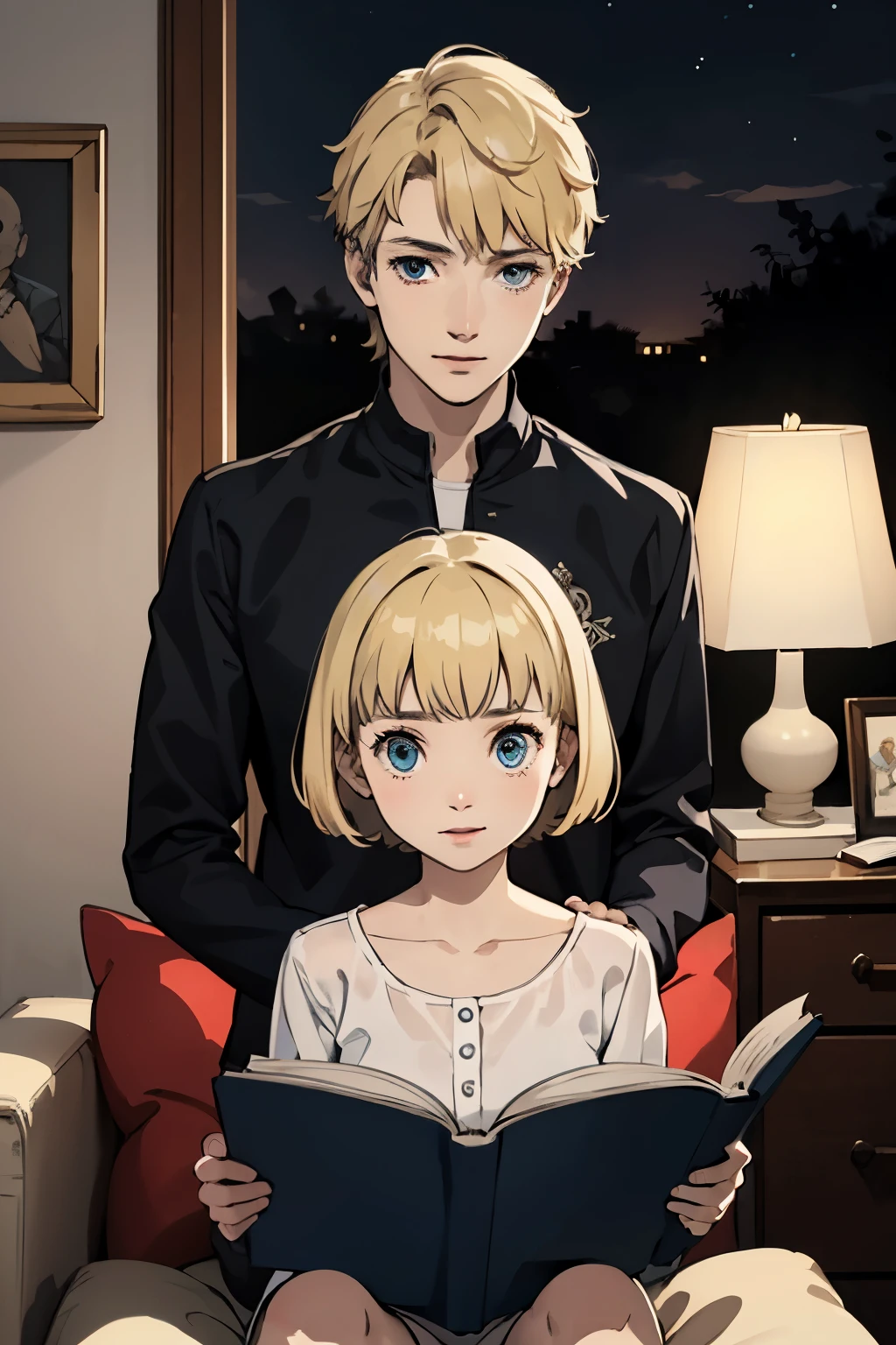 two children, a girl and a boy, the blonde girl with blue eyes, piel clara y de apariencia inocente; The boy is brown with emerald eyes., piel morena clara y de apariencia inocente, sitting reading a black cover book with a fascinated expression while reading the book; Behind them is the shadow of a long monster, con grandes colmillos y garras, smiling maliciously at them while watching the children; En un paisaje de un cuarto oscuro, with a lamp illuminating the place next to the . ((Mejor calidad)), ((Dibujo)), ((Detallado)), (Terror))