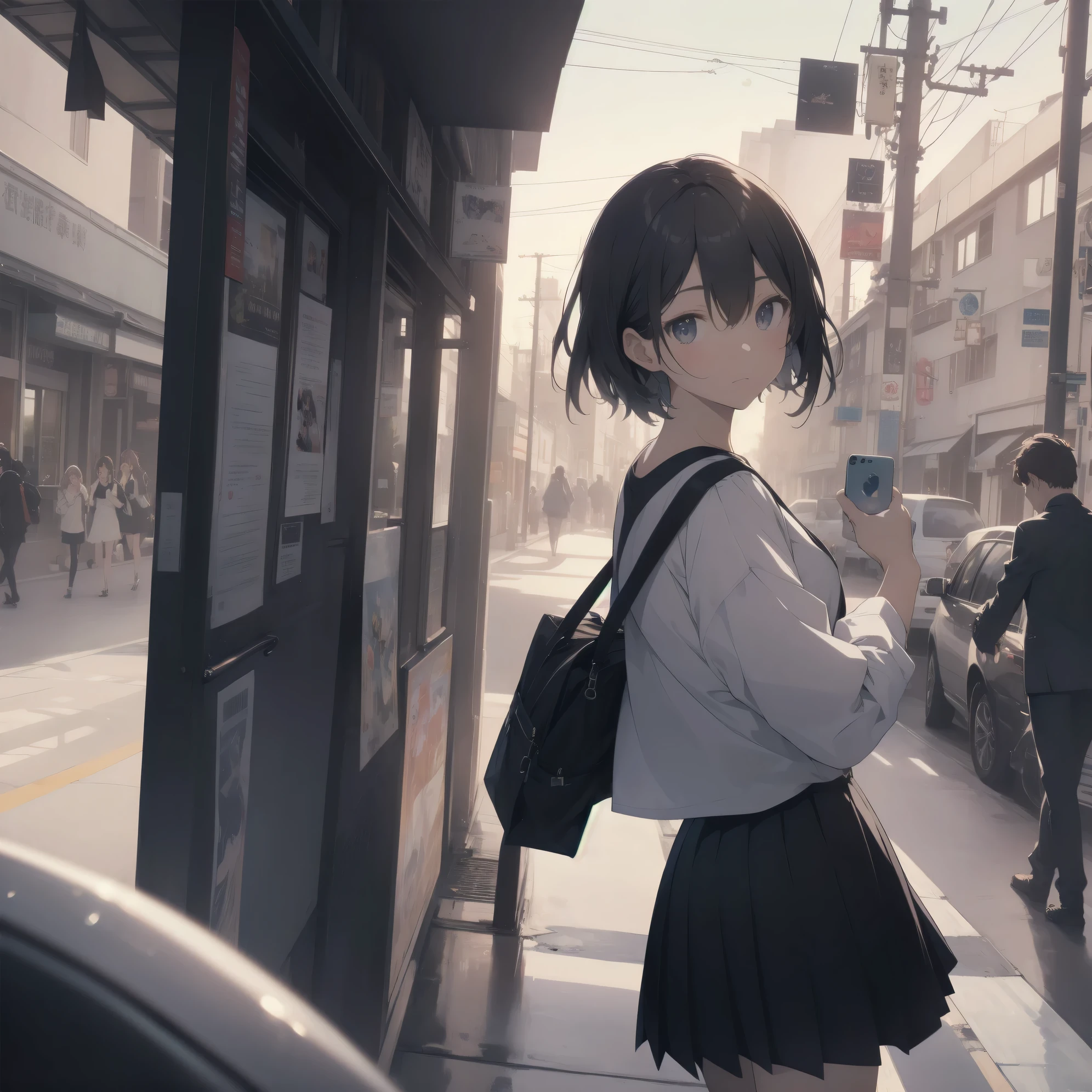 ultra-absurdres-Top quality by artist God, ultra-detailed, high resolution, anime moe artstyle, best anime 8k konachan wallpaper, pixiv contest winner, Collection: Slice of Life, perfect anatomy,break, 1girl, (Please draw a girl walking sleepily to school alone. )break,(Solo,little female, 13-year-old:1.3),Full limbs, complete fingers,a junior high school student, (very short hair), short cut, flat chest, , small butt, small black eyes, beautiful detailed eyes, well-proportioned iris and pupils, expressive eyes, highres detailed hair, soft expression, school_uniform, official_alternate_costume, pleated skirt,(Detailed Lighting), (Detailed background), in the School commute route. break,super detailed skin, Best cinematic lighting powered by famous artist, 8k,beauty illustration,photoshop_(medium),very aesthetic,break,((artist:yaegashi_nan )), artist:akinashi yuu ,artist:oyari ashito ,artist:kantoku ,
