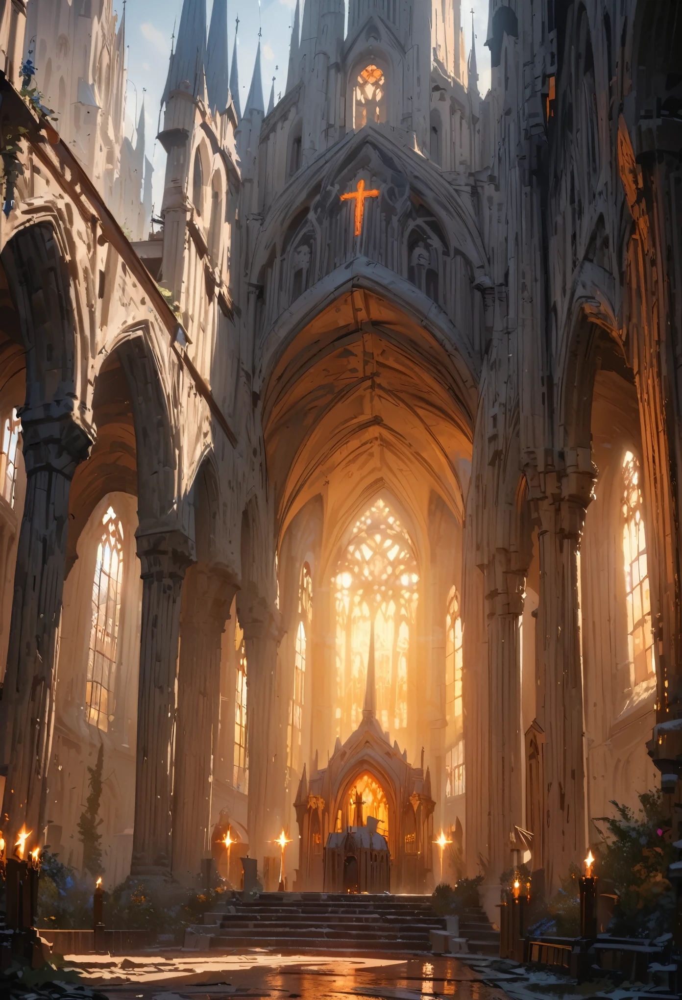 Huge medieval western magical city, European ecclesiastical architecture, centered on a tall magical church with a glowing top, no passersby, best quality, beautiful graphics, extreme detail, masterpiece, cinematic light, masterpiece, impasto