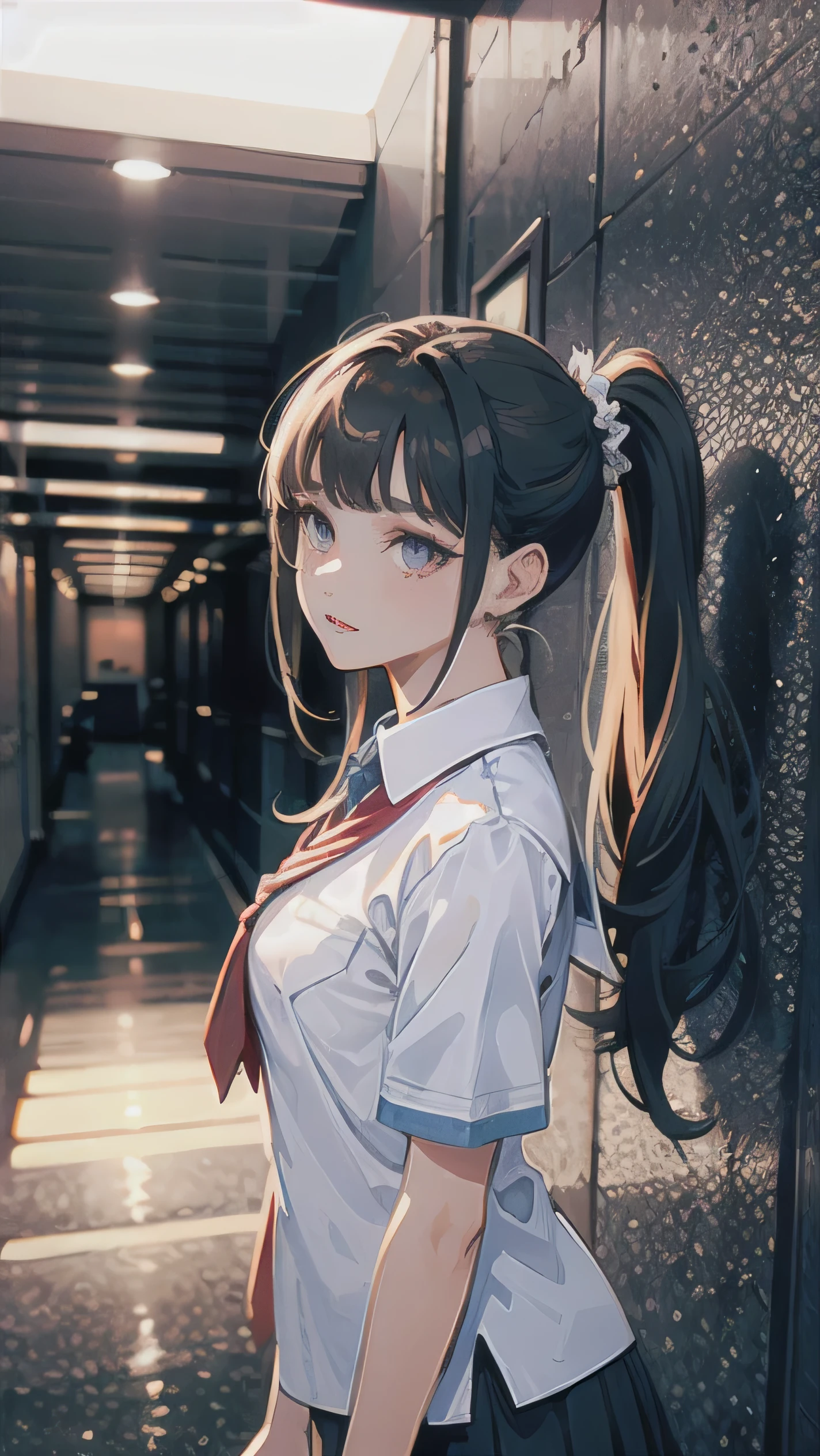 1girl, adult, long white Ponytail, purple eyes, wearing Uniform, headset, School Hallway, absurdres, high detailed eyes and face, high res, ultrasharp, 8K, masterpiece, photorealistic, High quality,