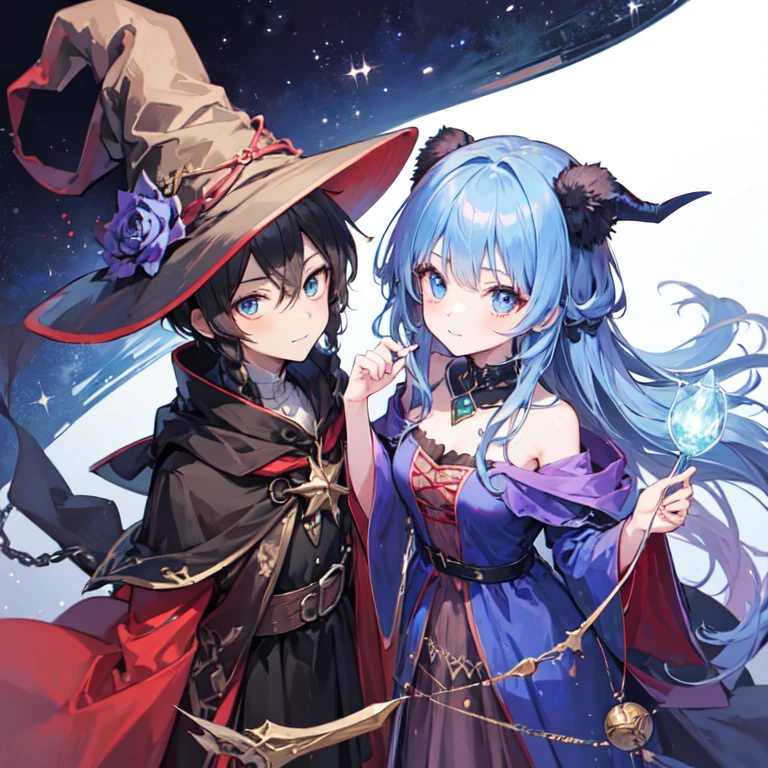 Cute witch girl with a cute wizard warlock boy, the two are cute couple.