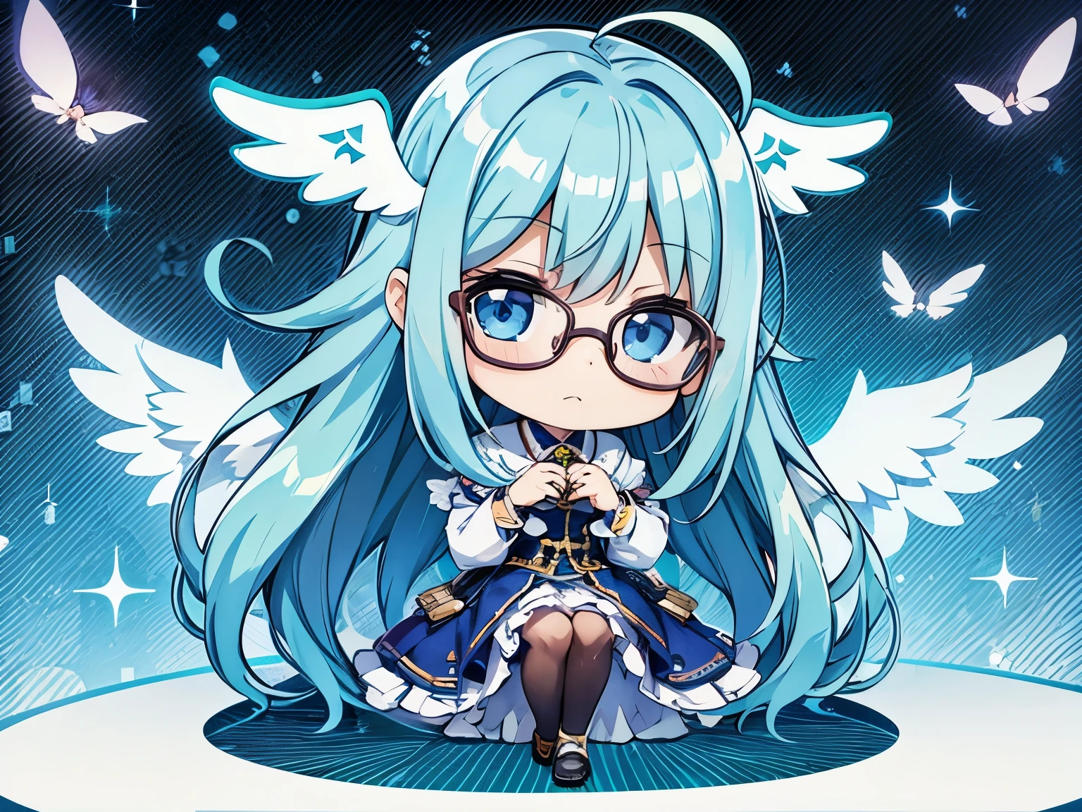 3人のかわいいchibi characterクター I wear glasses With angel wings、fly in the sky、long blue hair((chibi character))、fluffy、with a girl、chibi character、Full body Esbian、table top、highest quality、large in the center
