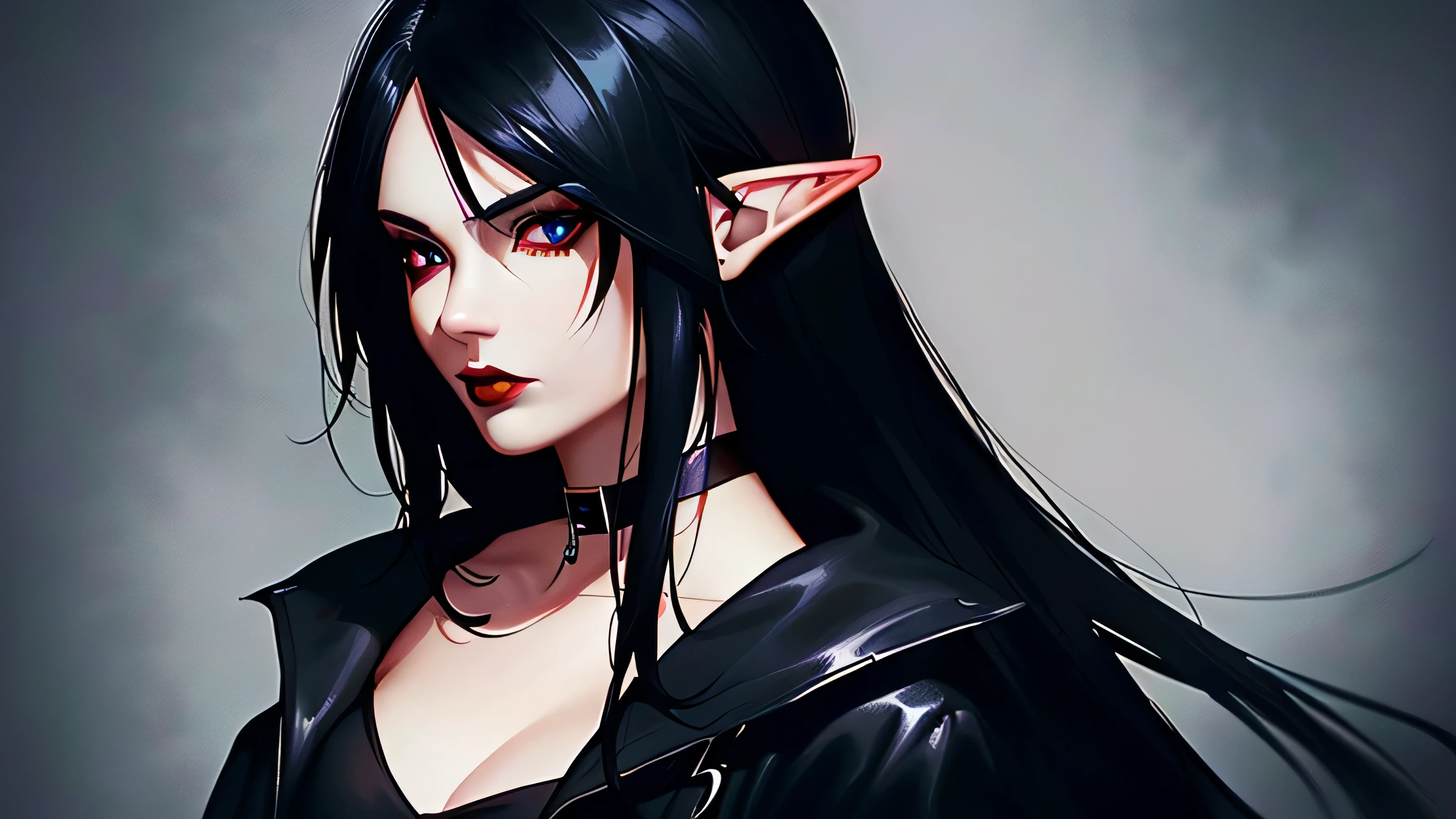 female elf, long black hair, blue eyes, black gothic choker, red jacket, black shirt, red lips, black makeup, gothic background