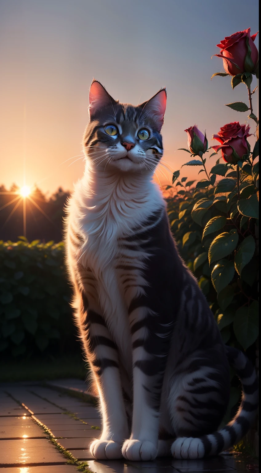 (Rose bush,4K resolution,Shows the dew at sunrise,A cat is standing there